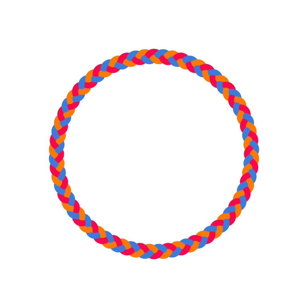 Red, orange and blue color braided rope circle vector frame. Abstract circular lasso border. Round nautical cord design.