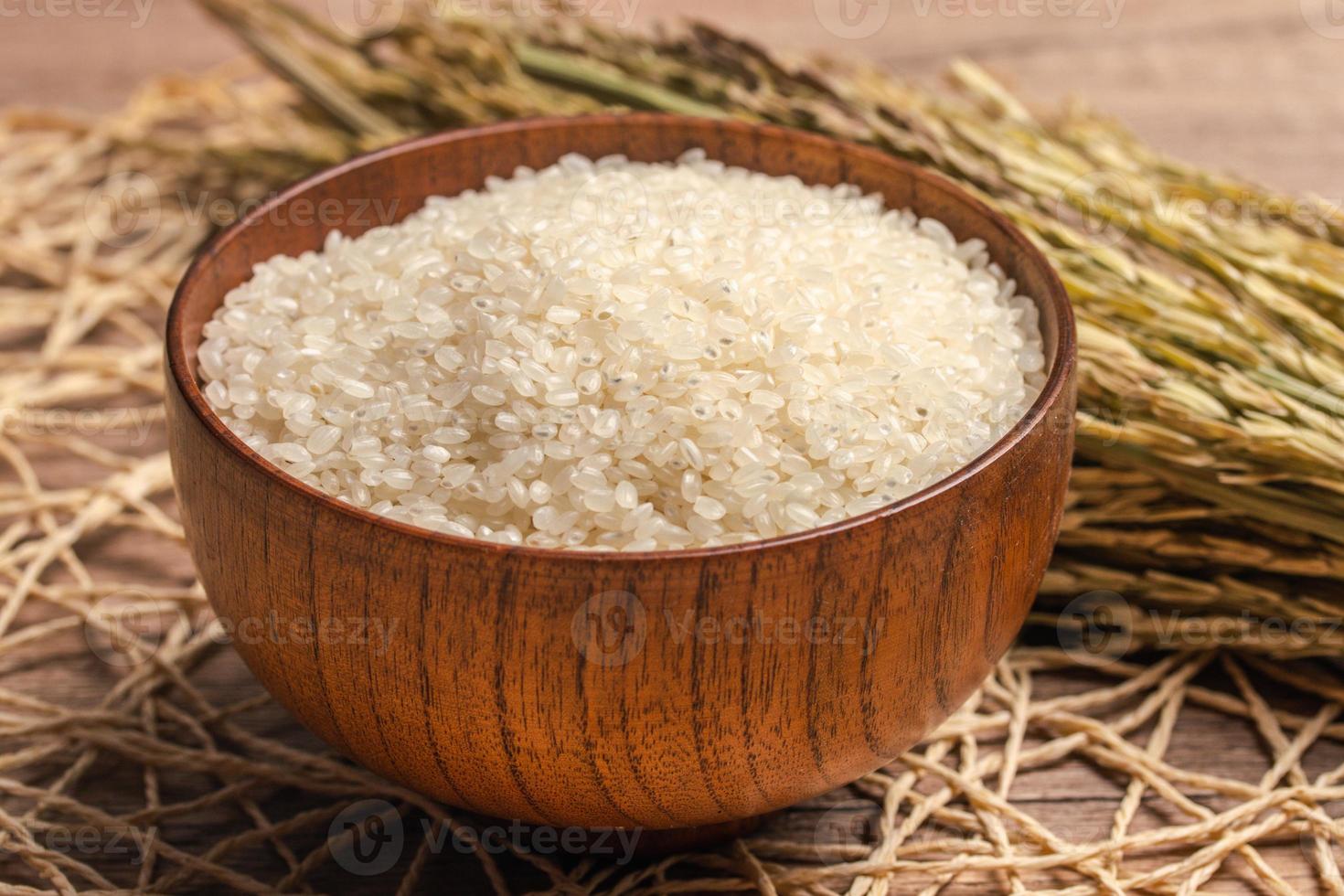 White rice, Masu and ears of rice on a white background photo