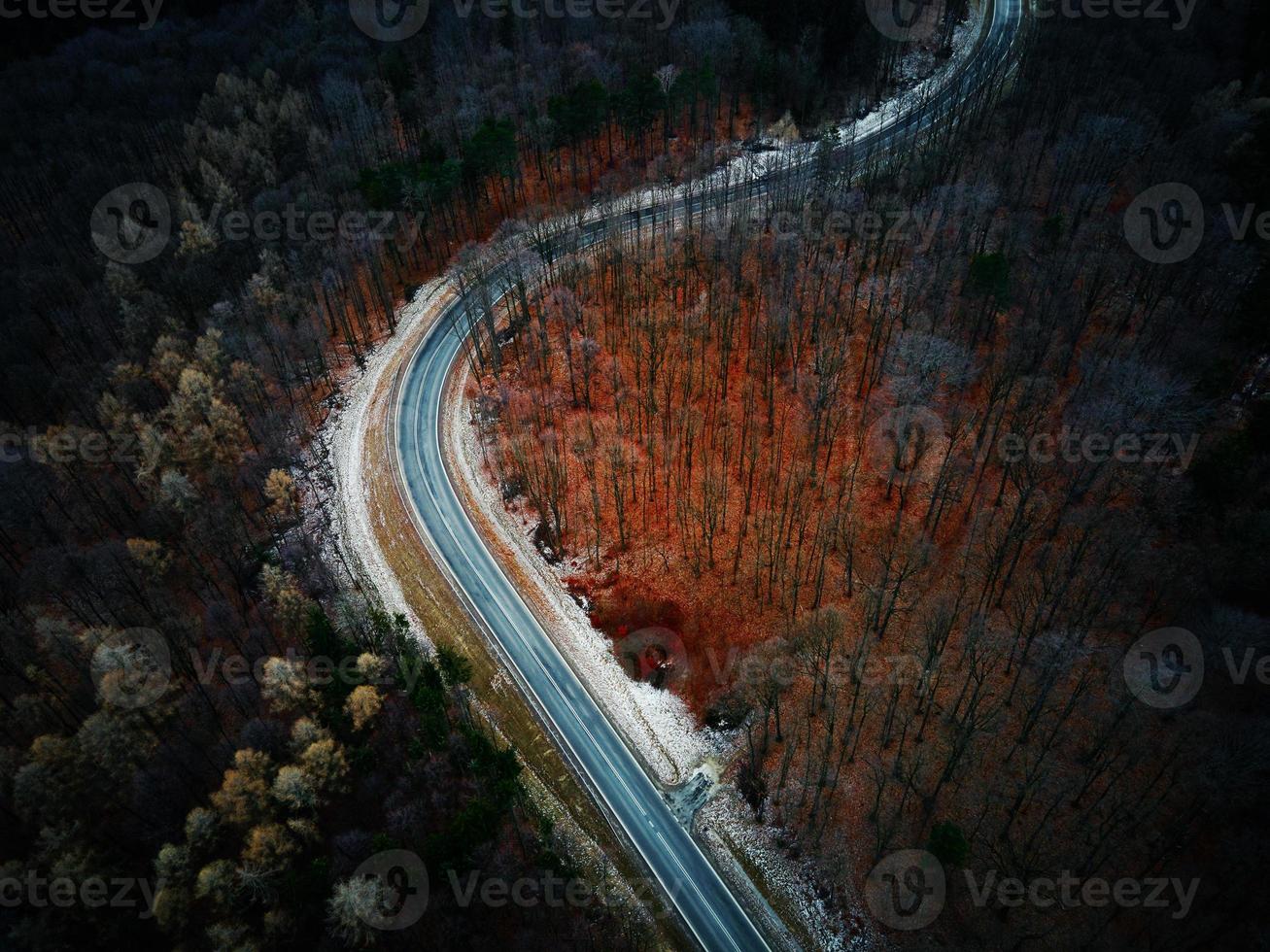 Landscape with winding road through forest, aerial view photo