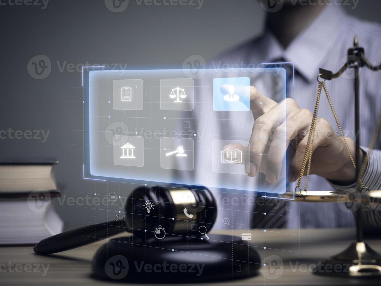 Justice lawyers with Judge gavel, Businessman in suit or lawyer Hiring lawyers in the digital system. Legal law, prosecution, legal adviser, lawsuit, detective, investigation,legal consultant photo