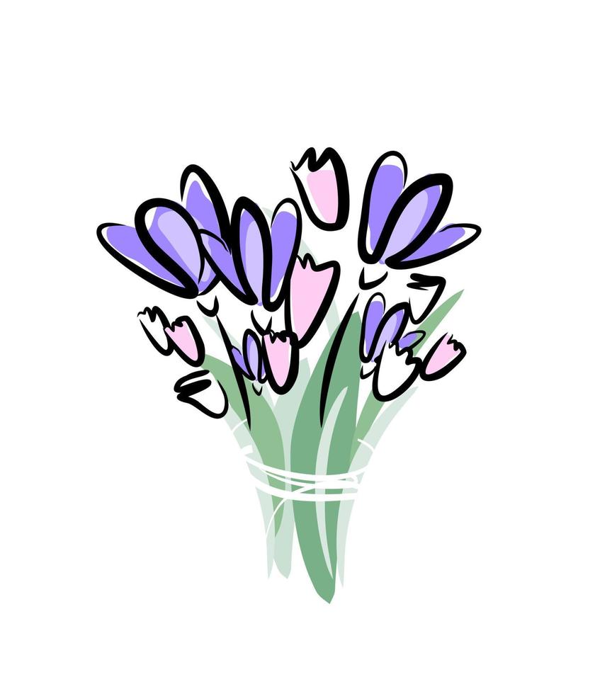 Spring bouquet of crocuses. Flowers bouquet isolate. Color vector illustration.