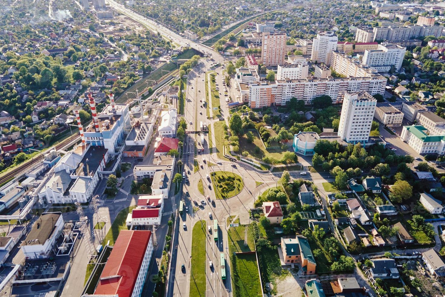 Aerial view of city residential district at sunset photo