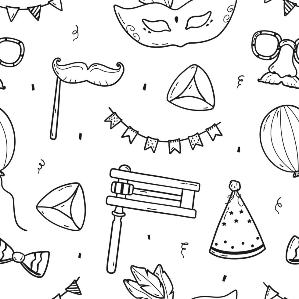 Background for Purim holiday with hand drawn traditional elements. Vector seamless pattern with carnival masks, gragger, Hamantaschen cookies, balloon, bow, confetti, party hat and garland