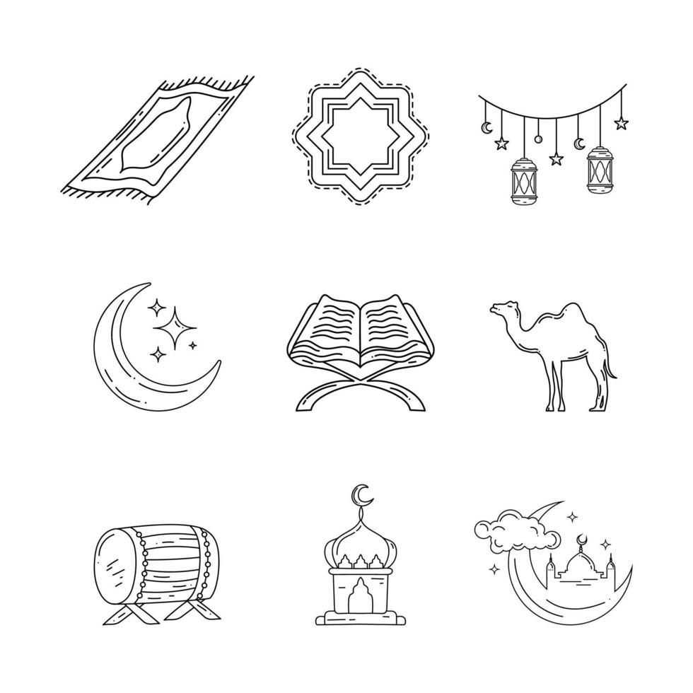 Set of bundle ramadan and eid al fitr art doodle illustration vector