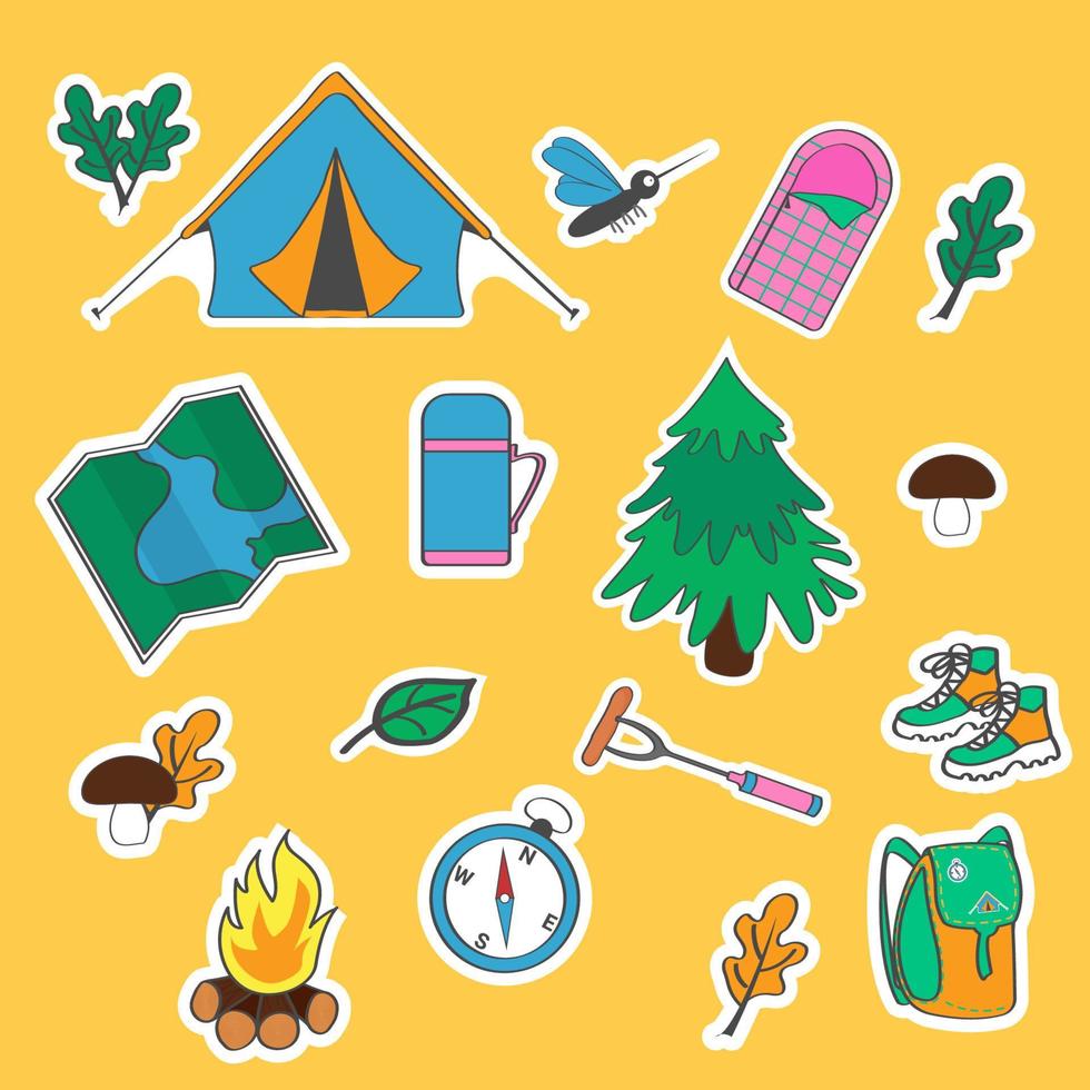 Stickers for camping, hiking. Vector illustration, flat style.