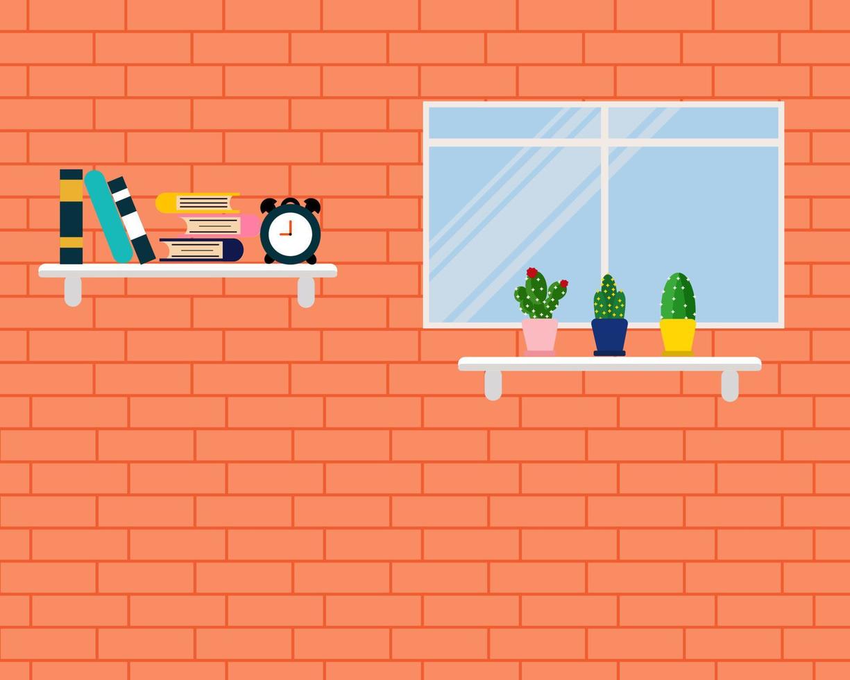 Brick wall, Glass window and shelf in the room. vector