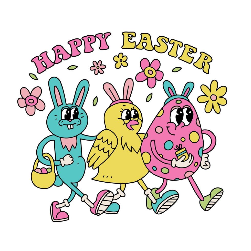Retro poster in groovy style. Happy easter greeting card. Vintage Cartoon funny egg, bunny and chick holding hands. 70s groovy design with hand drawn typography. Vector poster, banner, invitation