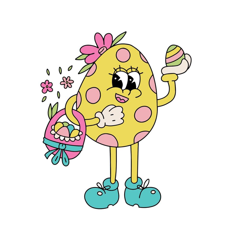 Retro groovy easter egg mascot. Isolated concept in trendy retro 60s 70s cartoon style. Vector illustration in yellow, pink colors.