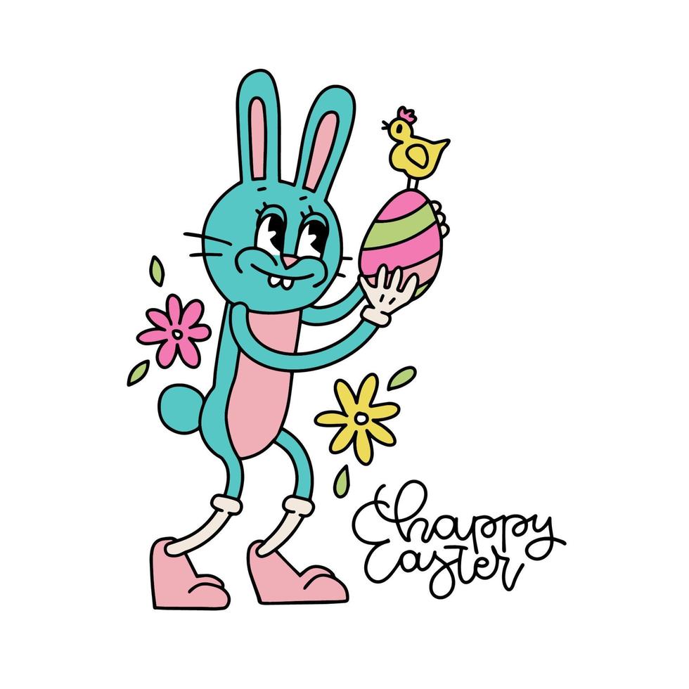 personaje de conejito de pascua de dibujos animados retro sosteniendo un gran huevo y pollo. concepto de vacaciones de primavera en el moderno estilo de dibujos animados retro de los años 80 y 70. garabato vectorial ilustración dibujada vector