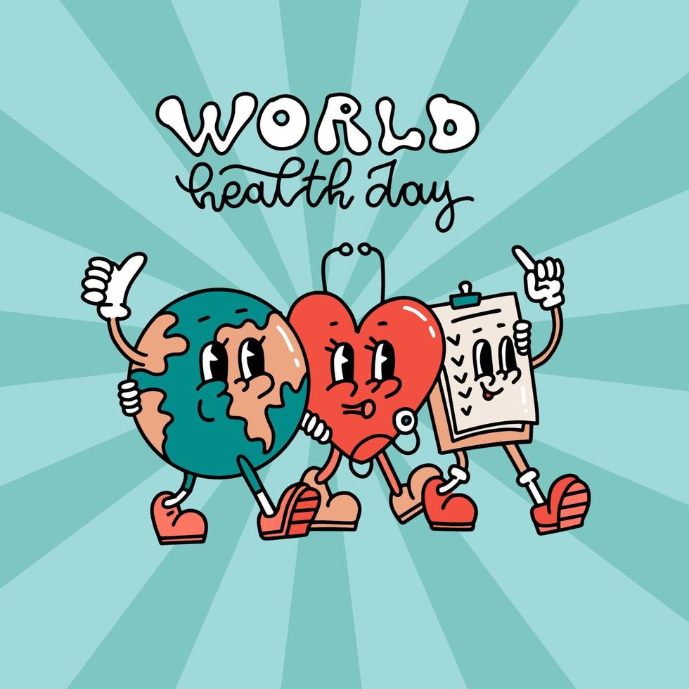 World heart day greeting card concept. Earth , heart and questionnaire folder hugging together. World earth, health, humanitarian, environment day. Grooovy retro cartoon vector flat illustration