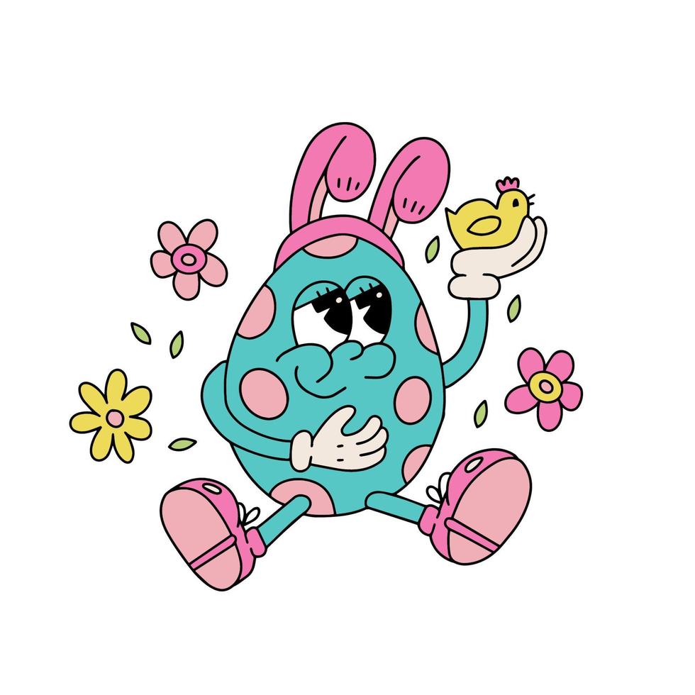 Isolated retro groovy easter egg character. Cute siting mascot with banny ears holding littl chicken. Spring holiday concept in trendy retro 60s 70s cartoon style. Vector doodle drawn illustration