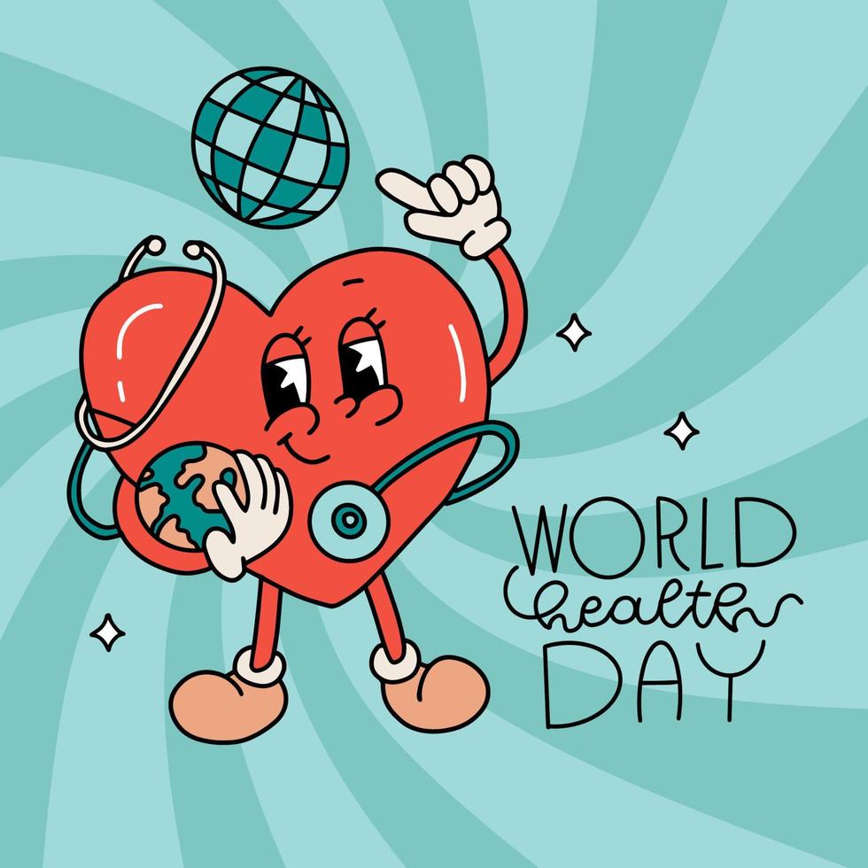 retro cartoon heart character holding Globe and stethoscope .World Health Day greeting card. World Health Day idea campaign concept. Contour flat vector illustration