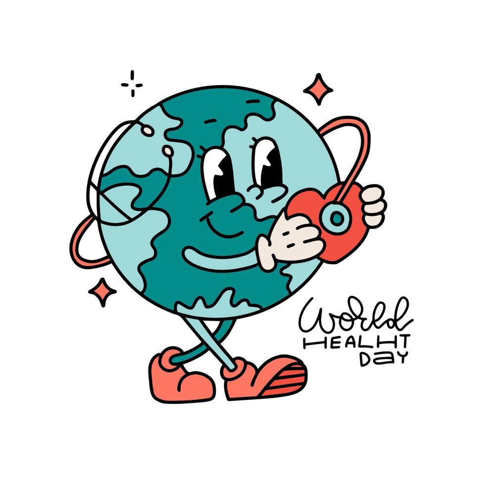 Globe character holding heart and stethoscope greetingcard design template. World Health Day. World Health Day retro cartoon mascot character. World Health Day idea campaign concept. Vector mascot