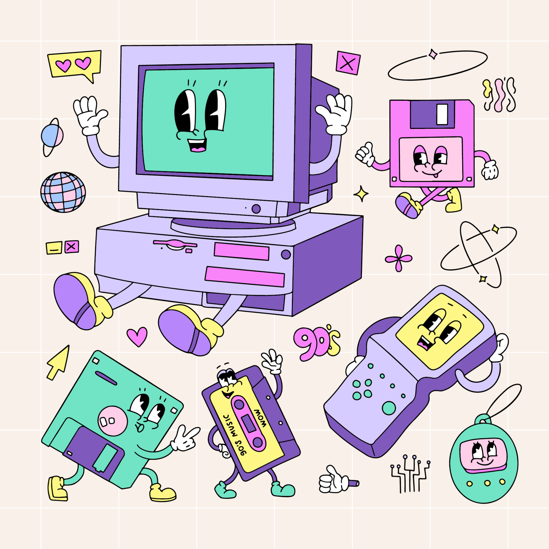 Various retro electronic storage devices characters set. Groove 90s