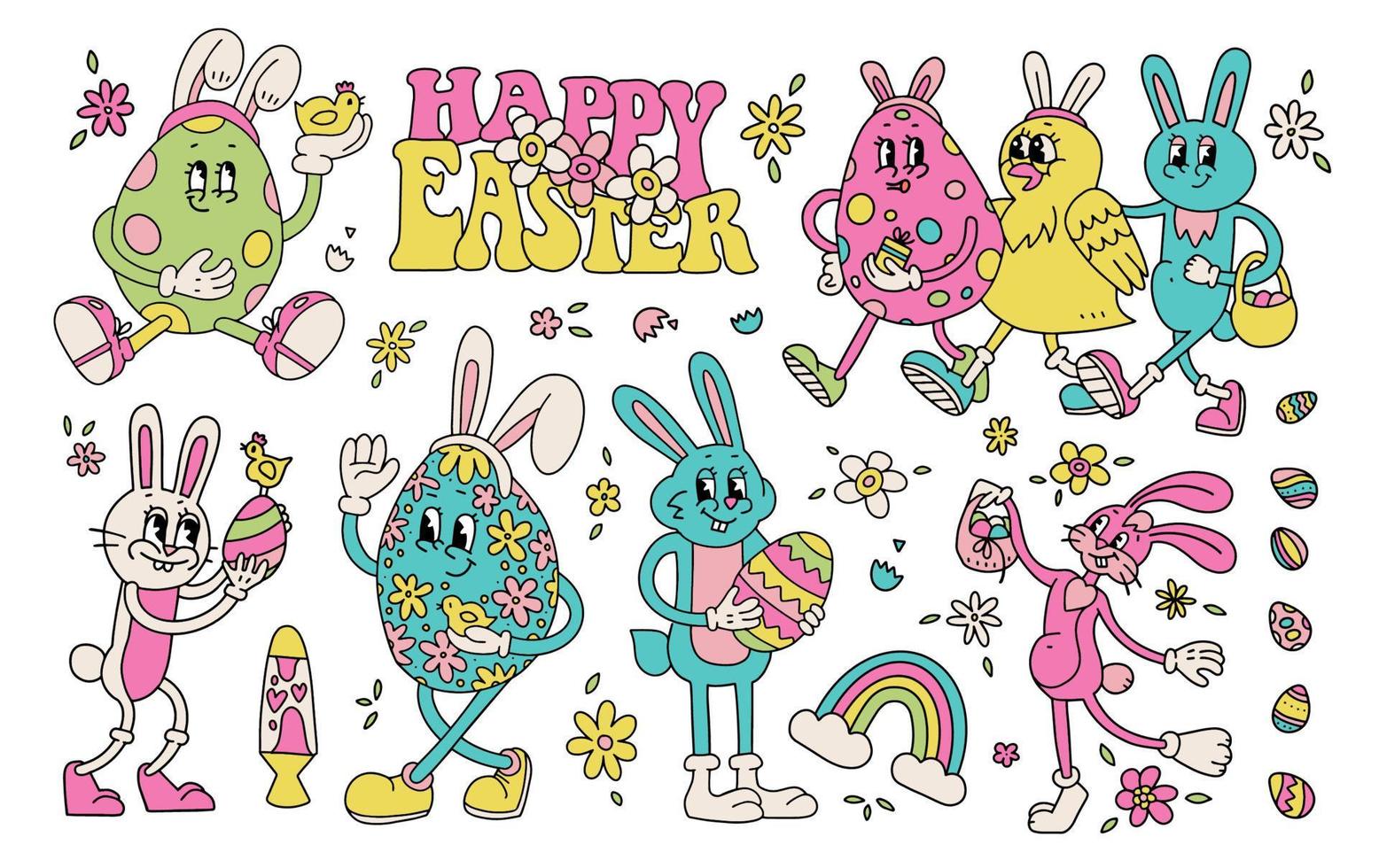 Hippie retro cartoon gloved characters in groovy 70s-80s style. Cute vintage mascots witbasketa and flowers . Vivid floral Easter elements. Vector doodle illustration.