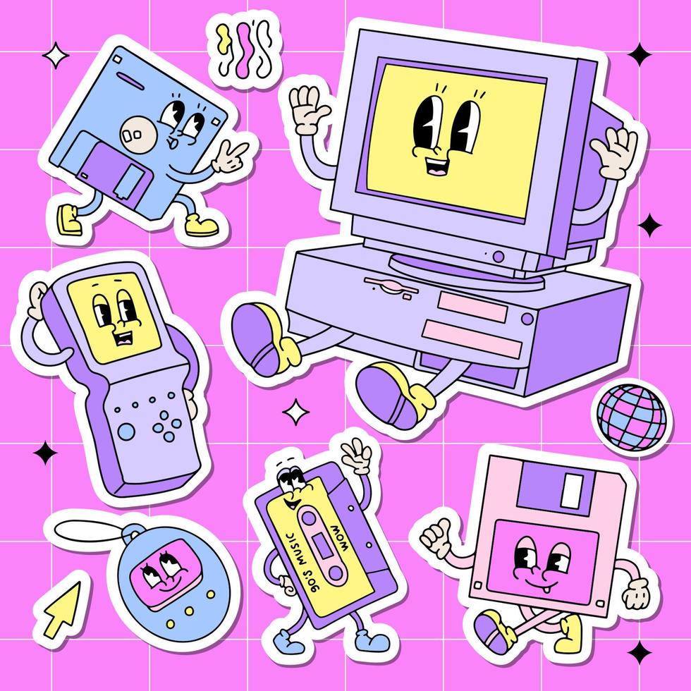 Back to 90s sticker pack. Old fashioned set of old computer pc, vintage misic cassette, floppy disk, tetris and tamagochi mascots in retro cartoon style. Nostalgia for 1990s. Vector illustration.