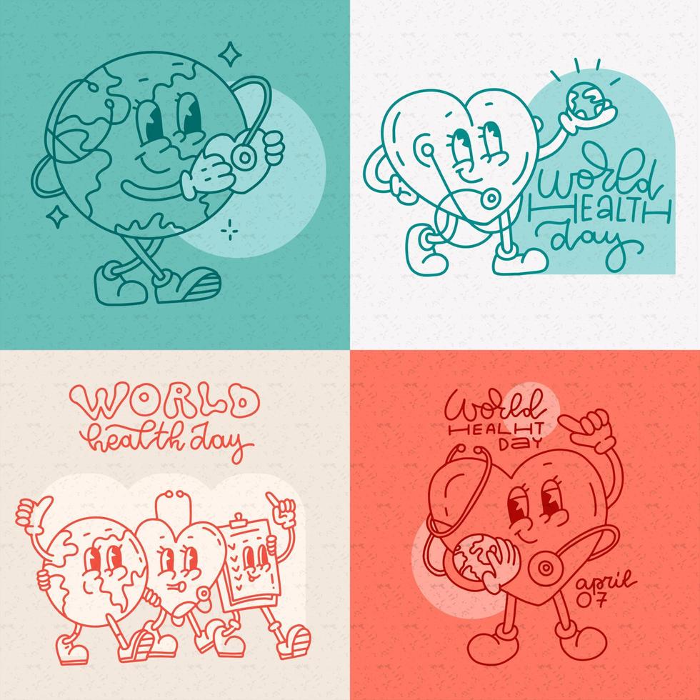 Greeting cards set for world health day with groovy heart and planet earth characters. 70s retro catroon style mascots. Linear vector illustration. Line hand drawn text