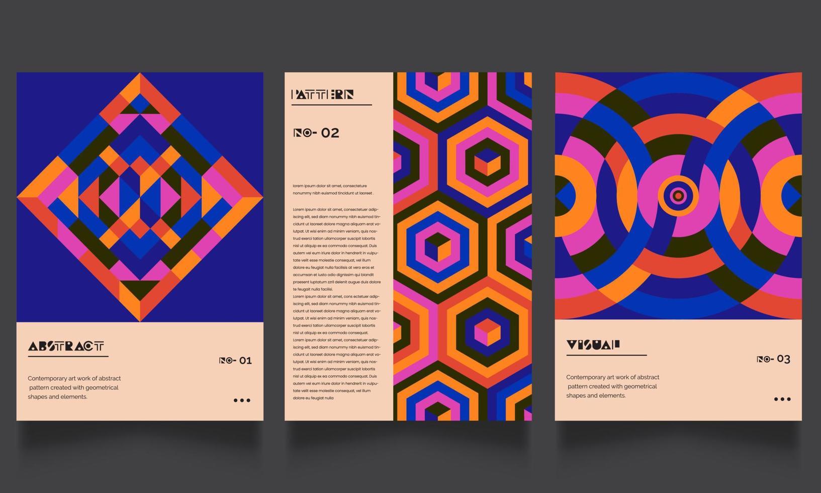 Set of three abstract retro style covers backgrounds with geometric shape. Applicable for Cover, Poster, Card Design and other print and web related items..Colorful geometrical shapes. Pro Vector