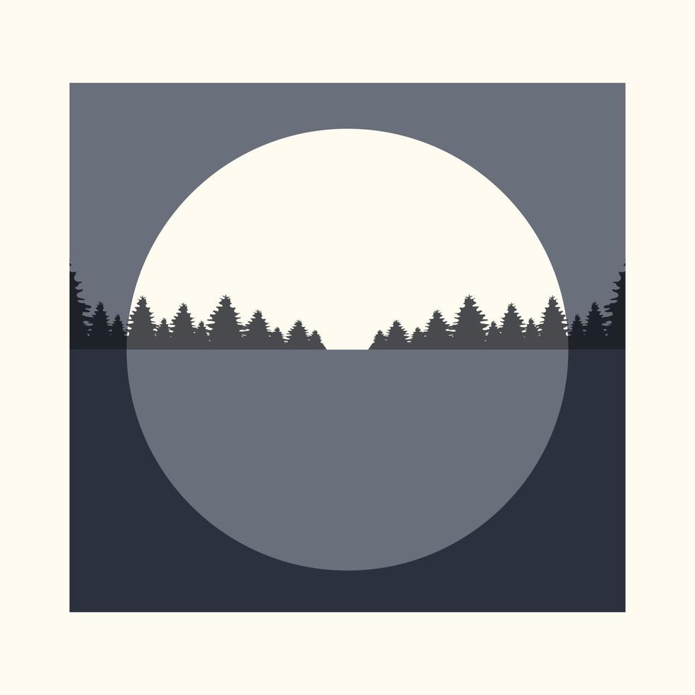 paisaje salvaje con bosque y luna en cartel nocturno. diseño de luna llena y lago. decoración de pared bohemia. impresión de arte minimalista moderno de mediados de siglo vector