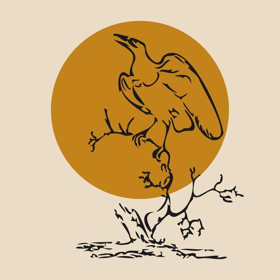 Linear illustration of the raven sitting on the tree. Happy Halloween on the beige background. Hand drawn sketch of the black crow. Vintage style vector