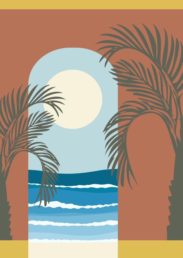 Moroccan landscape with sea view and palms poster. Minimalistic style architecture. Simple geometric elements and eastern arches. Vector illustration