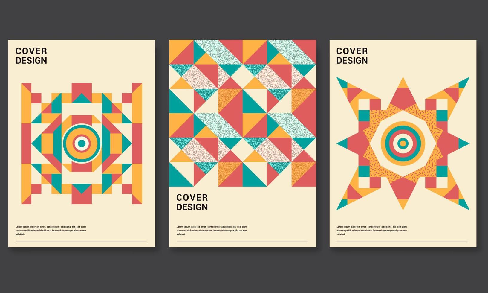 Set of three abstract retro style covers backgrounds with geometric shape. Applicable for Cover, Poster, Card Design and other print and web related items..Colorful geometrical shapes. Pro Vector