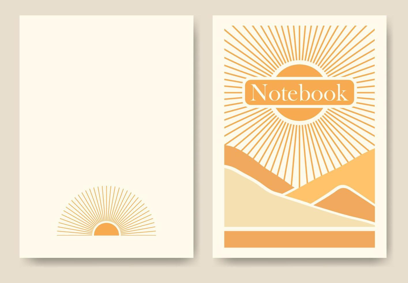 Sunny valley landscape background notebook cover. Nature environment poster design. Seamless asing mock-up, easy to re-size. Vector illustration