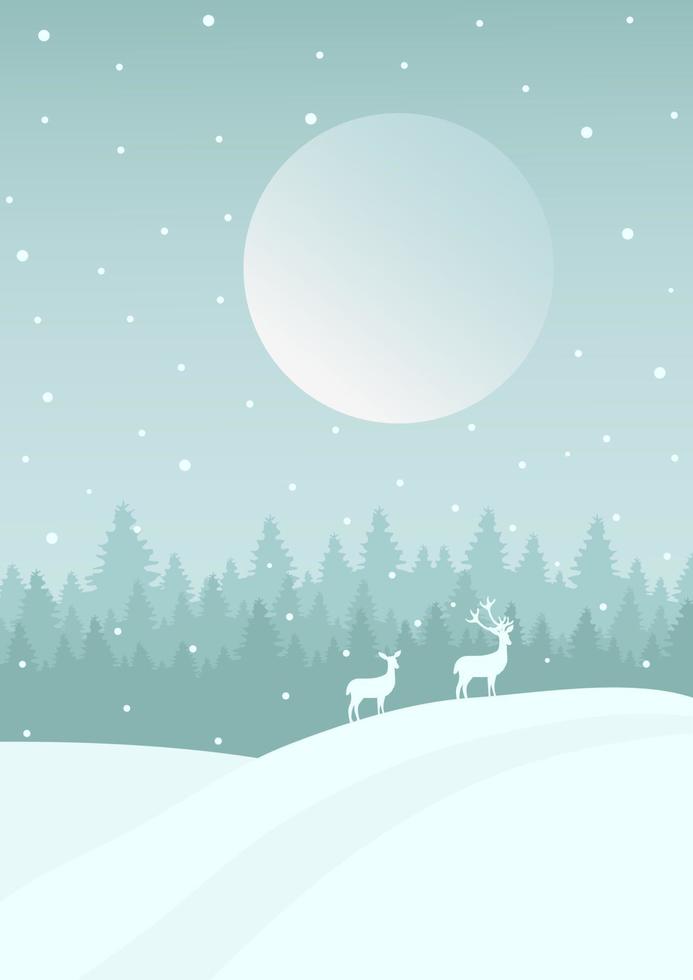 Night forest with wild deer couple illustration poster. Fantasy moon in winter landscape. Dusk forest and snow drifts. Vector poster