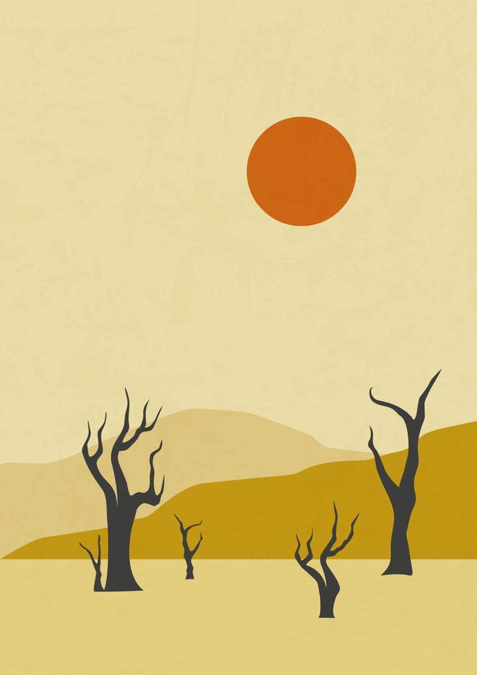 paisaje desértico, dunas soleadas e ilustración de árboles secos. arte vectorial de un paisaje desértico con árboles muertos. impresión de arte minimalista moderno de mediados de siglo. vector