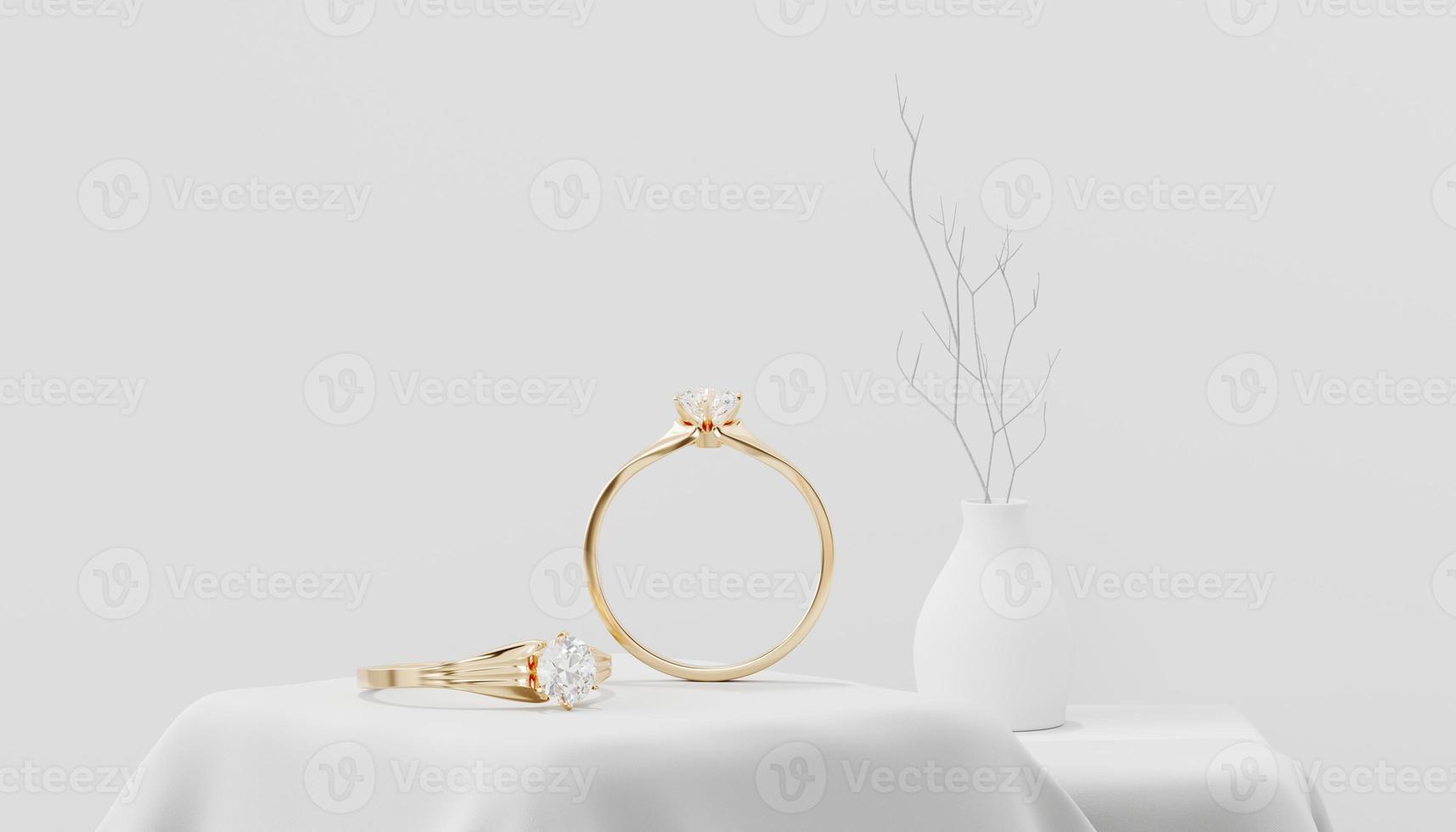 Gold Couple Diamond Rings 3D Rendering Placed on Cloth with Decoration photo