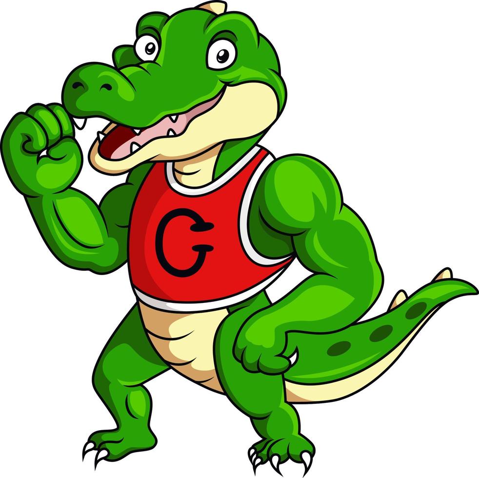 personaje de dibujos animados de mascota de cocodrilo con cuerpo muscular vector