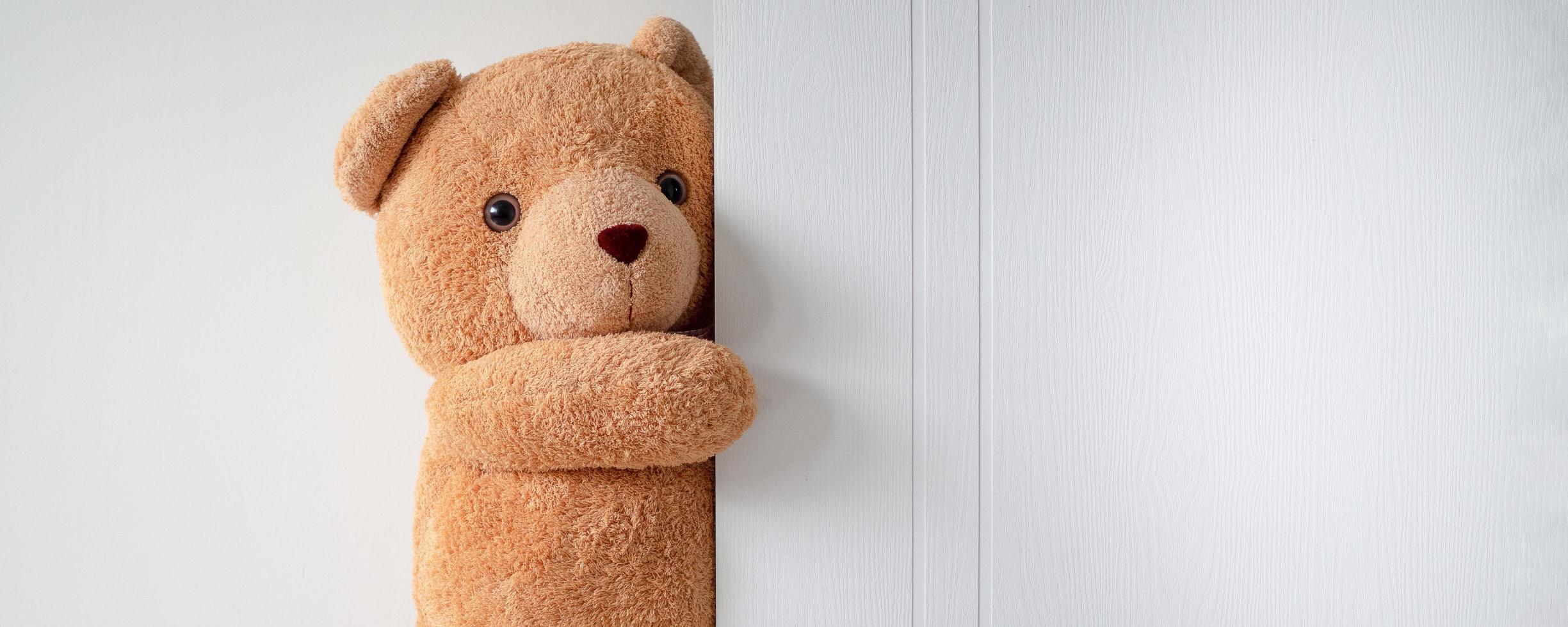 Cute brown teddy bear is hiding behind a white wooden door. Children play with fun and surprises. Copy space for text and content. photo