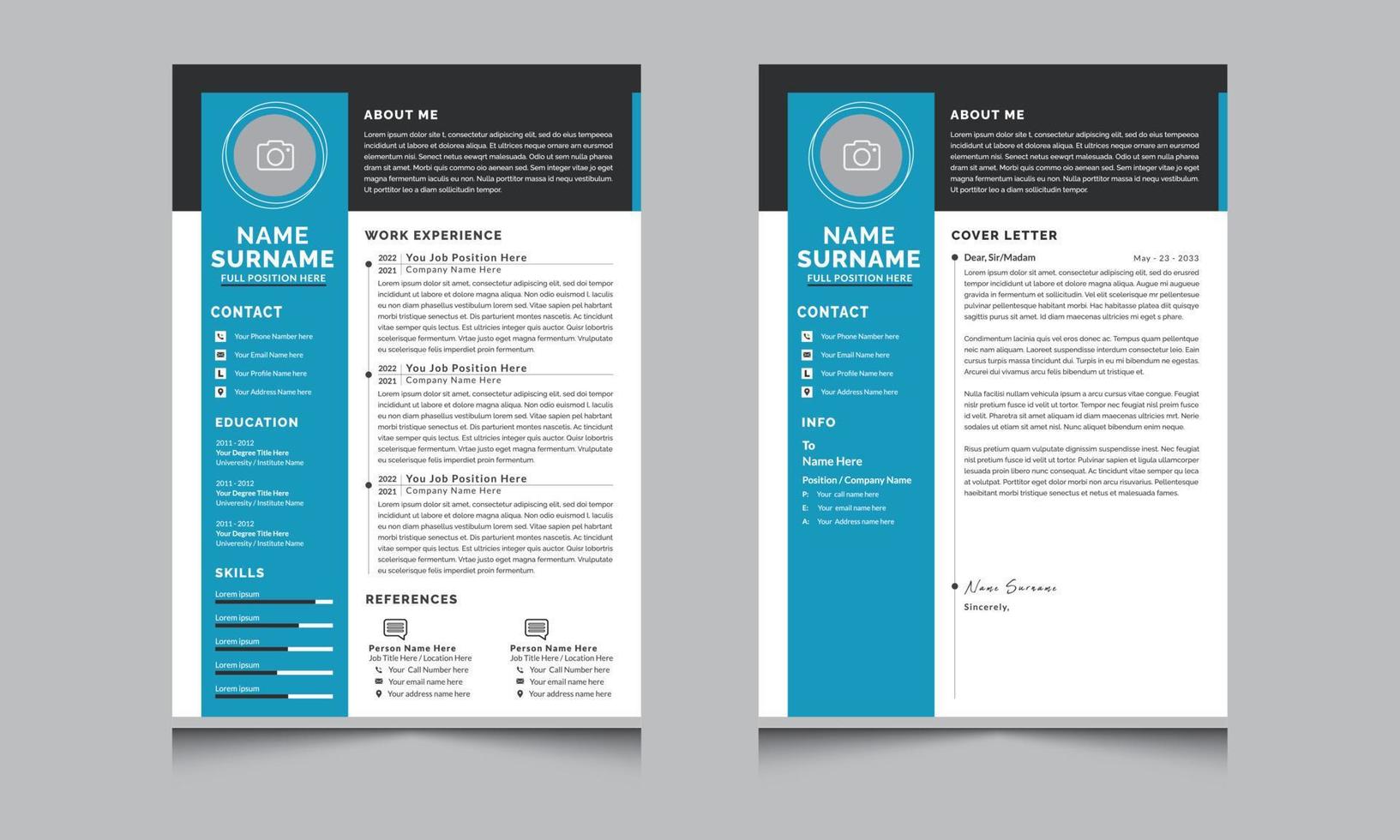 Black and White Resume and Cover Letter Cv Templates Design vector