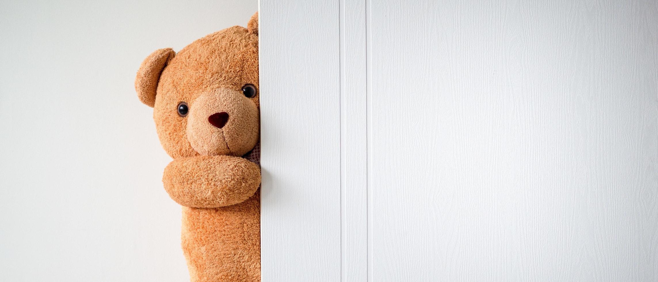 Cute brown teddy bear is hiding behind a white wooden door. Children play with fun and surprises. Copy space for text and content. photo