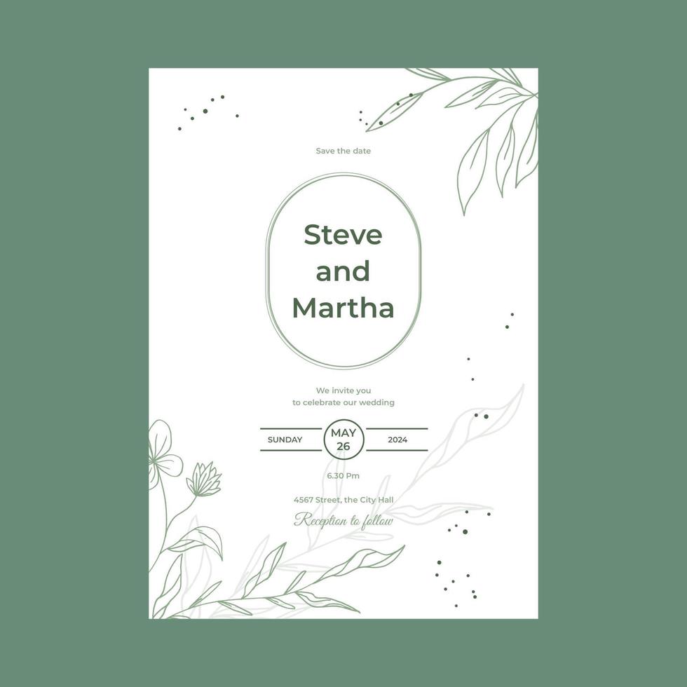 Minimalist wedding invitation template simple style with hand drawn floral decoration vector