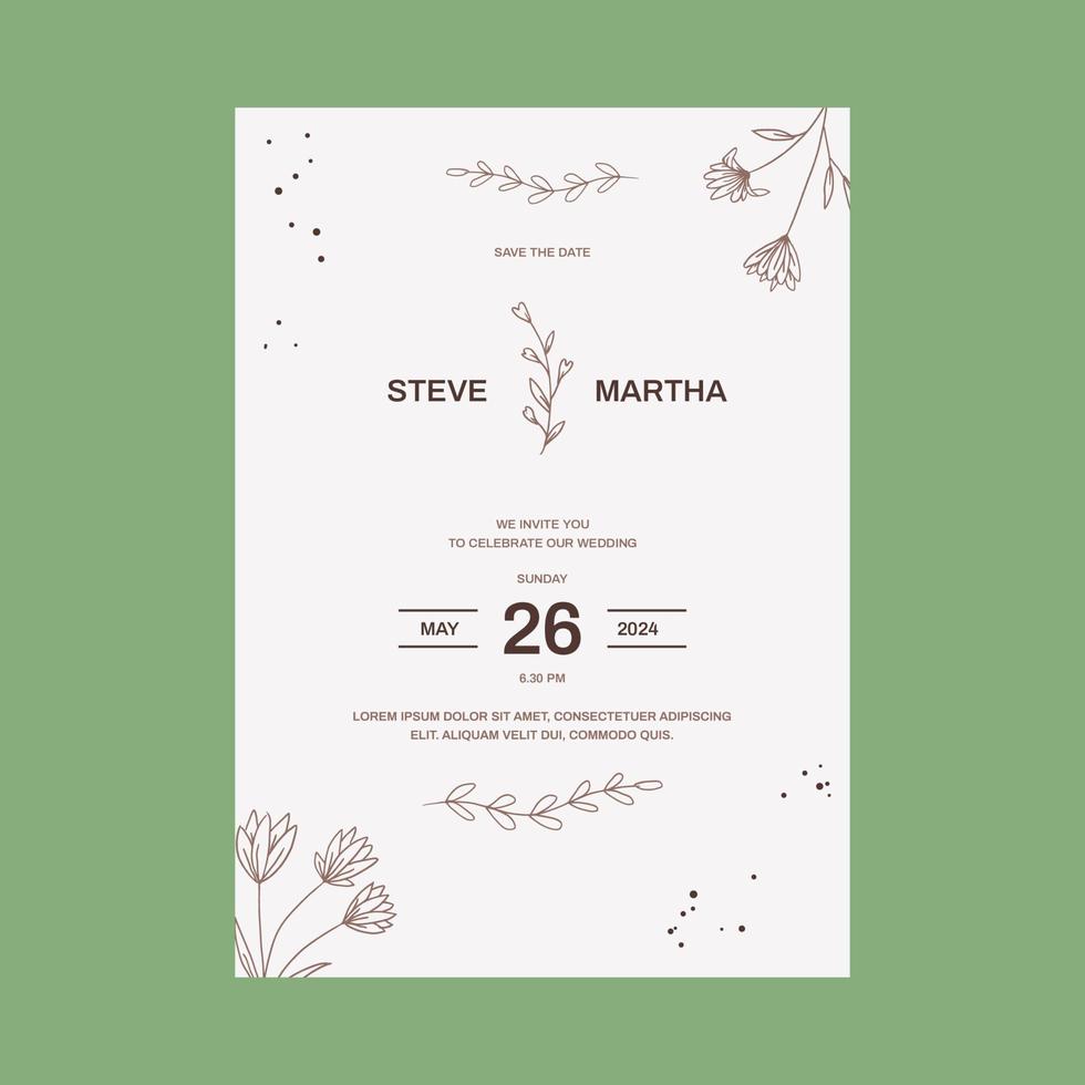 plantilla de invitación de boda floral decoración de hojas orgánicas dibujadas a mano estilo minimalista simple vector