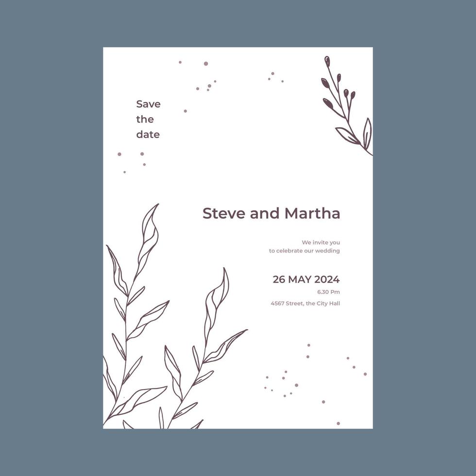 Minimalist wedding invitation template simple style with hand drawn floral decoration vector