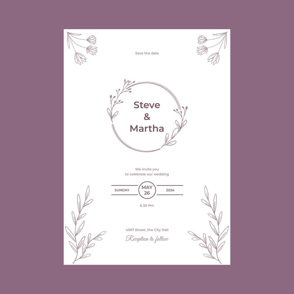 Minimalist wedding invitation template simple style with hand drawn floral decoration vector