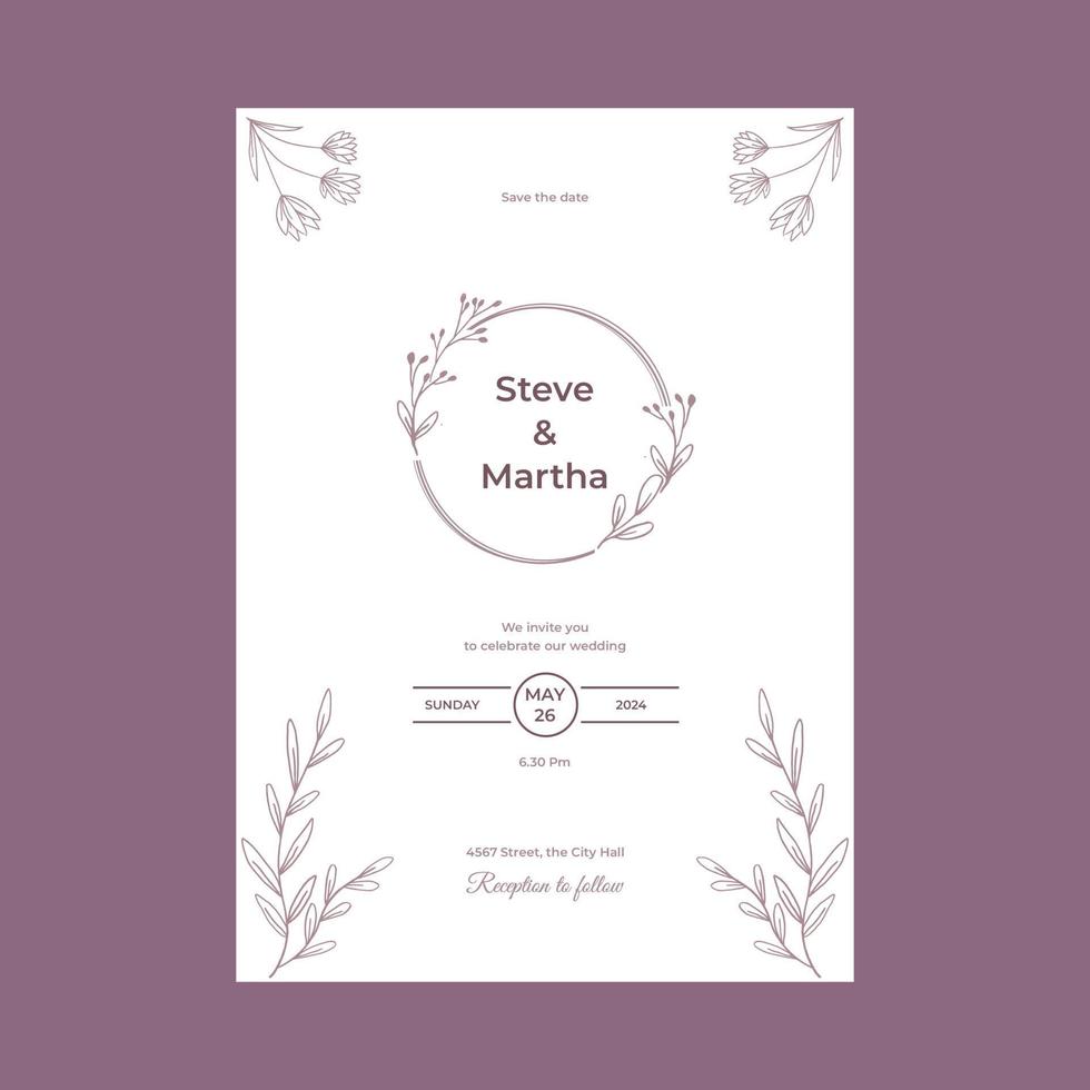 plantilla de invitación de boda minimalista estilo simple con decoración floral dibujada a mano vector