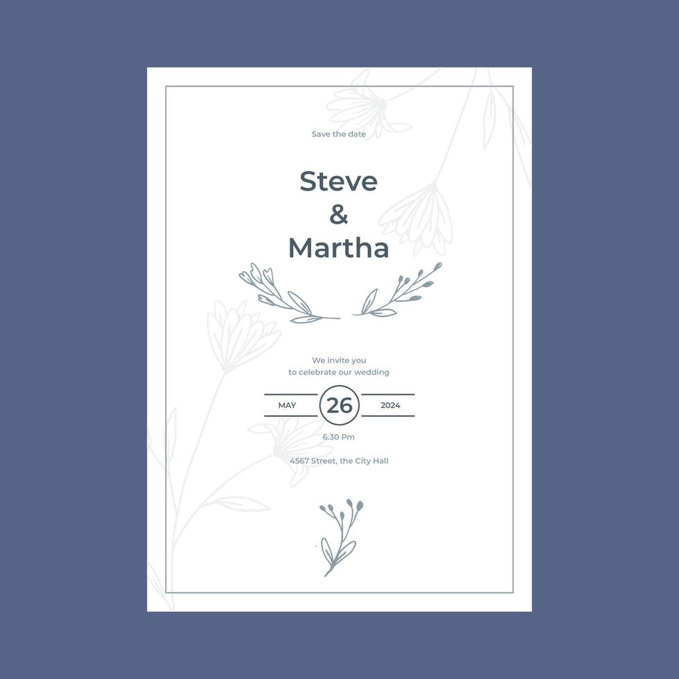 Minimalist wedding invitation template simple style with hand drawn floral decoration vector