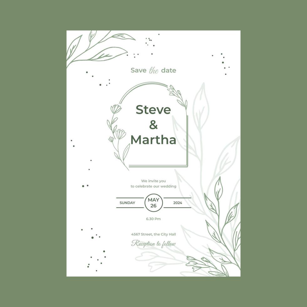 Minimalist wedding invitation template simple style with hand drawn floral decoration vector