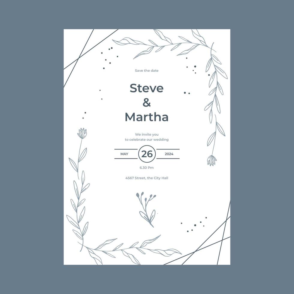 Minimalist wedding invitation template simple style with hand drawn floral decoration vector