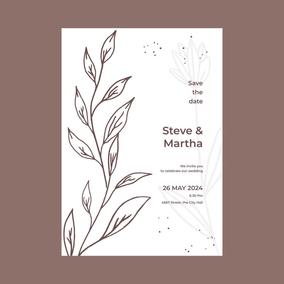 Minimalist wedding invitation template simple style with hand drawn floral decoration vector