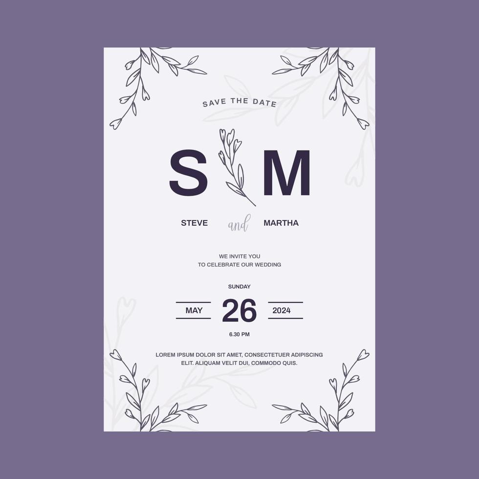 plantilla de invitación de boda floral decoración de hojas orgánicas dibujadas a mano estilo minimalista simple vector