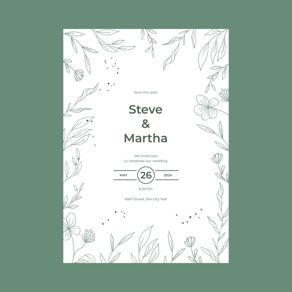 Minimalist wedding invitation template simple style with hand drawn floral decoration vector