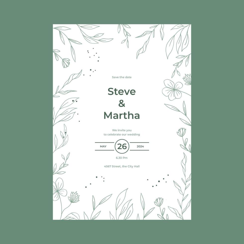 Minimalist wedding invitation template simple style with hand drawn floral decoration vector