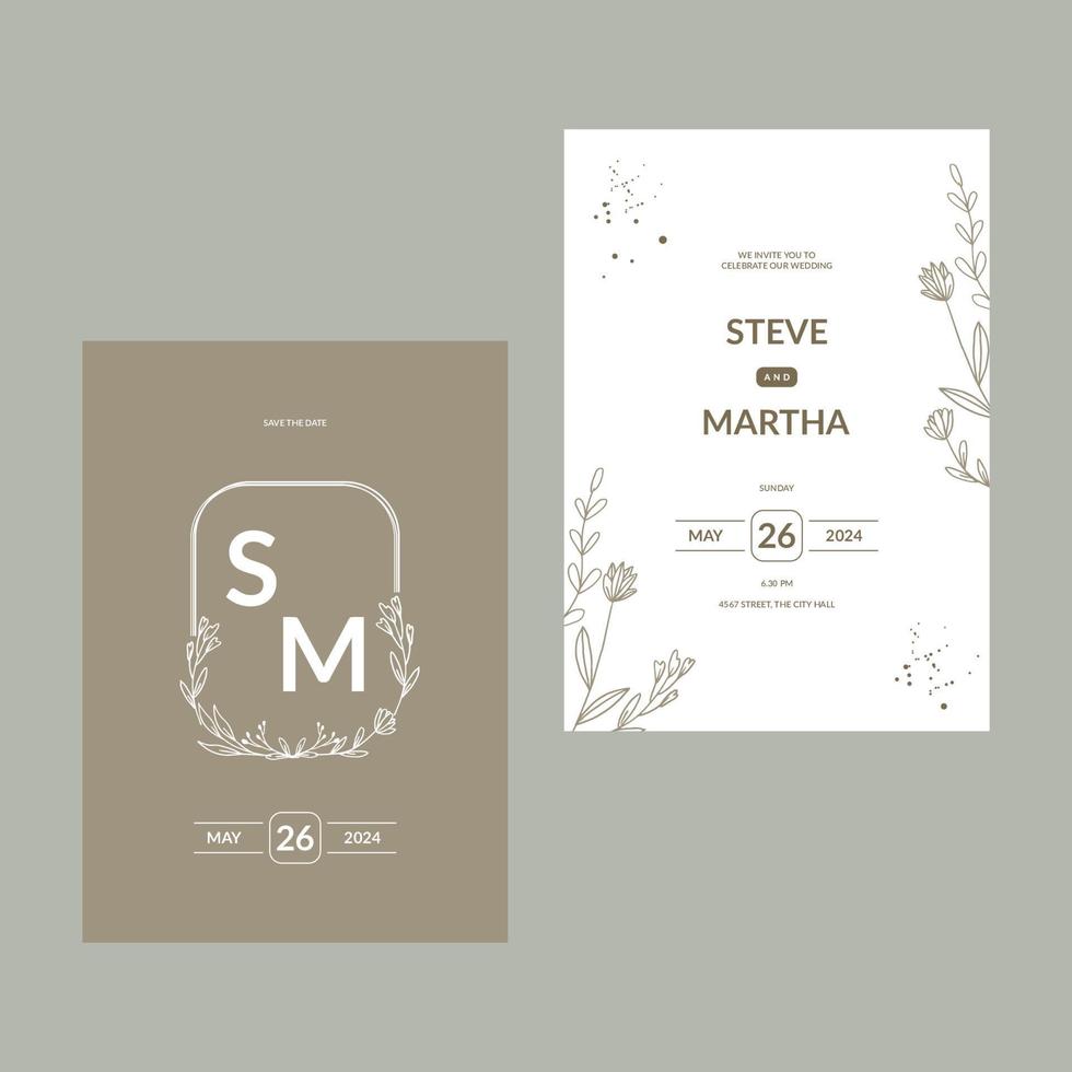 Minimalist floral wedding invitation with hand drawn leaf decoration vector