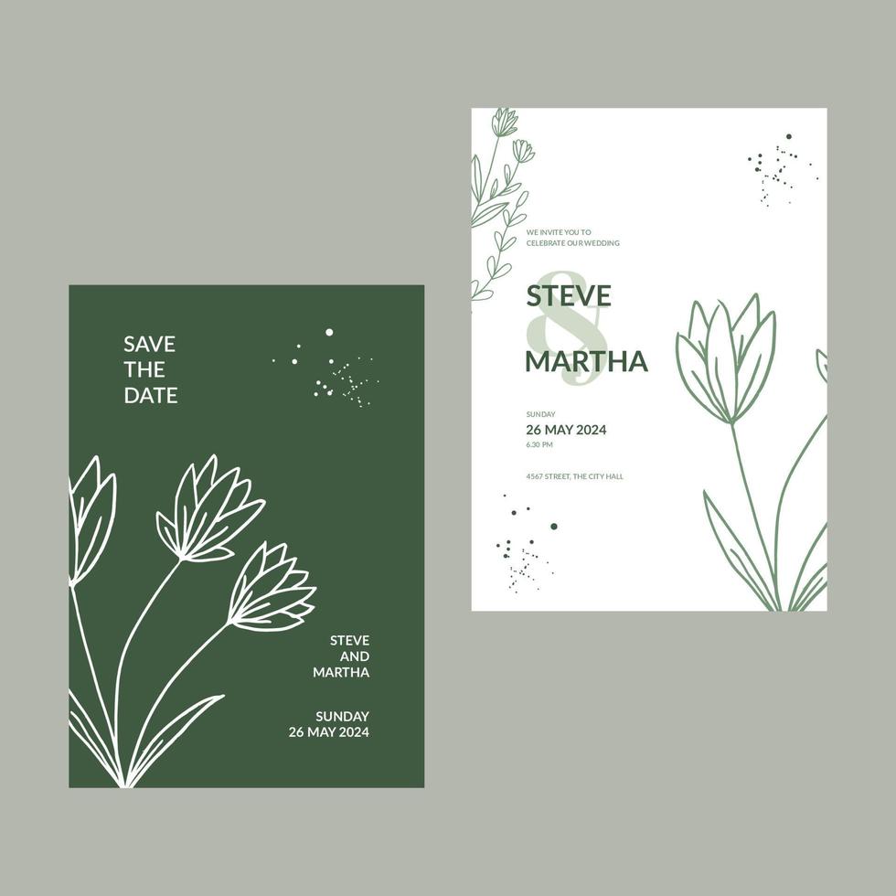 invitación de boda floral minimalista con decoración de hojas dibujadas a mano vector