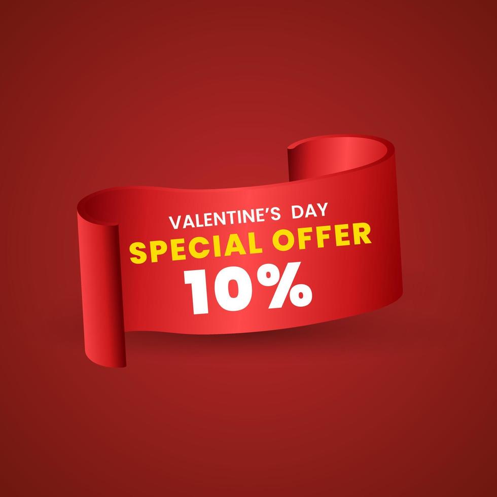 Diseño de banner de oferta roja especial del 10 por ciento, cinta roja sobre fondo rojo utilizada en la etiqueta de precio del producto o concepto de banners. dia especial de san valentin. ilustración vectorial vector