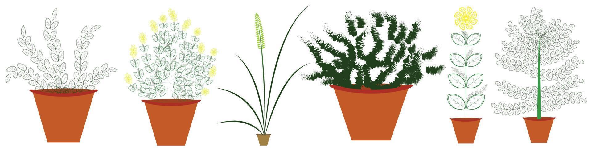 hierba verde realista. arbustos colocados en jarrones. colección de plantas verdes. plantas de primavera, arbustos, hierba, flores, jarrones. ingredientes vegetales naturales. una variedad de arbustos con flores. ilustración vectorial vector